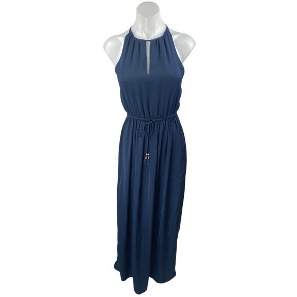 H&M Navy Blue Sleeveless High Neck Tie Waist Keyhole Blouson Maxi Dress Size 0 - Picture 1 of 5
